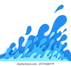 Paper cut water splash. 3d vector blue fluid ripples, liquid splashing spatters on white background in a papercut style, symbolizing fluidity, natural freshness, water resources, drink or beverage