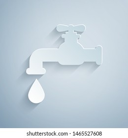 Paper Cut Water Tap With A Falling Water Drop Icon Isolated On Grey Background. Paper Art Style. Vector Illustration