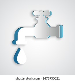 Paper Cut Water Tap With A Falling Water Drop Icon Isolated On Grey Background. Paper Art Style. Vector Illustration