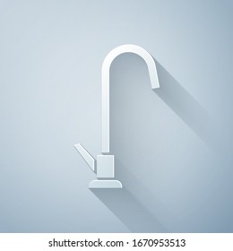 Paper cut Water tap icon isolated on grey background. Paper art style. Vector Illustration