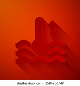 Paper cut Water thermometer measuring heat and cold icon isolated on red background. Thermometer equipment showing hot or cold weather. Paper art style. Vector Illustration