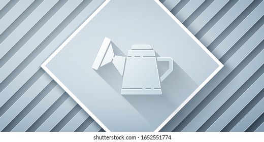 Paper cut Watering can icon isolated on grey background. Irrigation symbol. Paper art style. Vector Illustration