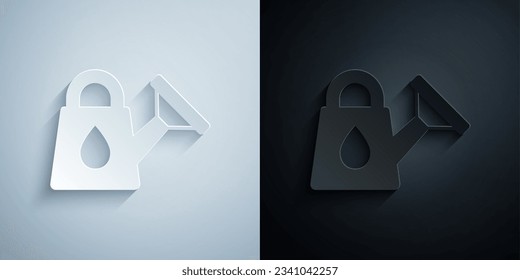 Paper cut Watering can icon isolated on grey and black background. Irrigation symbol. Paper art style. Vector