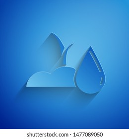 Paper cut Watering sprout icon isolated on blue background. Seed and seedling. Irrigation symbol. Leaf nature. Paper art style. Vector Illustration