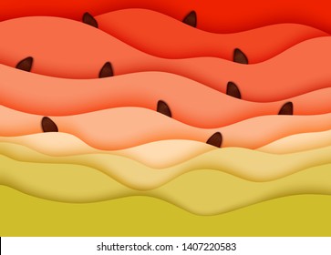 Paper cut watermelon abstract background. Fresh summer vector texture with paper slices and seeds. Summer sale banner. 