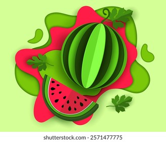 Paper cut watermelon fruit juice with splashes for drink product package, vector background. Whole and half slice watermelon in paper cut layers of splashing drops for juice drink or beverage package