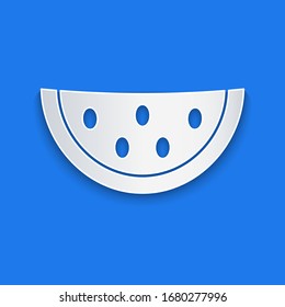 Paper cut Watermelon icon isolated on blue background. Paper art style. Vector Illustration