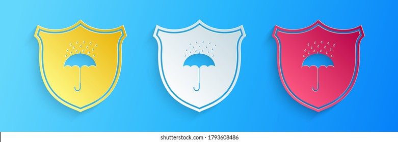 Recorte de papel Icono impermeable aislado en fondo azul. Escudo y paraguas. Protección, seguridad, concepto de seguridad. Símbolo resistente al agua. Estilo de arte de papel. Vector.
