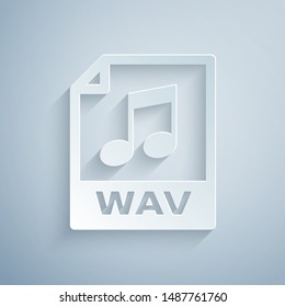 Paper cut WAV file document. Download wav button icon isolated on grey background. WAV waveform audio file format for digital audio riff files. Paper art style. Vector Illustration