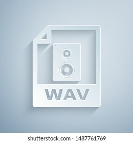 Paper cut WAV file document. Download wav button icon isolated on grey background. WAV waveform audio file format for digital audio riff files. Paper art style. Vector Illustration