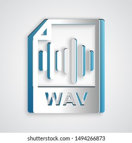 Paper cut WAV file document. Download wav button icon isolated on grey background. WAV waveform audio file format for digital audio riff files. Paper art style. Vector Illustration