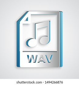 Paper cut WAV file document. Download wav button icon isolated on grey background. WAV waveform audio file format for digital audio riff files. Paper art style. Vector Illustration