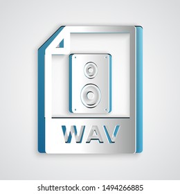 Paper cut WAV file document. Download wav button icon isolated on grey background. WAV waveform audio file format for digital audio riff files. Paper art style. Vector Illustration