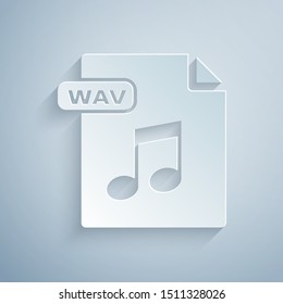 Paper cut WAV file document. Download wav button icon isolated on grey background. WAV waveform audio file format for digital audio riff files. Paper art style. Vector Illustration