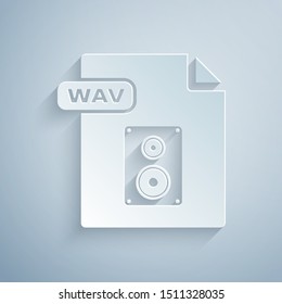 Paper cut WAV file document. Download wav button icon isolated on grey background. WAV waveform audio file format for digital audio riff files. Paper art style. Vector Illustration