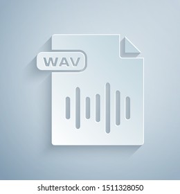 Paper cut WAV file document. Download wav button icon isolated on grey background. WAV waveform audio file format for digital audio riff files. Paper art style. Vector Illustration