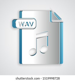 Paper cut WAV file document. Download wav button icon isolated on grey background. WAV waveform audio file format for digital audio riff files. Paper art style. Vector Illustration