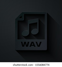 Paper cut WAV file document. Download wav button icon isolated on black background. WAV waveform audio file format for digital audio riff files. Paper art style. Vector Illustration