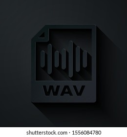 Paper cut WAV file document. Download wav button icon isolated on black background. WAV waveform audio file format for digital audio riff files. Paper art style. Vector Illustration