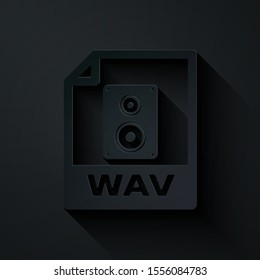 Paper cut WAV file document. Download wav button icon isolated on black background. WAV waveform audio file format for digital audio riff files. Paper art style. Vector Illustration