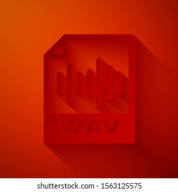 Paper cut WAV file document. Download wav button icon isolated on red background. WAV waveform audio file format for digital audio riff files. Paper art style. Vector Illustration