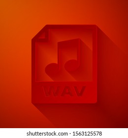 Paper cut WAV file document. Download wav button icon isolated on red background. WAV waveform audio file format for digital audio riff files. Paper art style. Vector Illustration