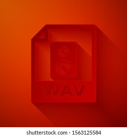 Paper cut WAV file document. Download wav button icon isolated on red background. WAV waveform audio file format for digital audio riff files. Paper art style. Vector Illustration