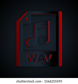 Paper cut WAV file document. Download wav button icon isolated on black background. WAV waveform audio file format for digital audio riff files. Paper art style. Vector Illustration