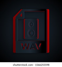 Paper cut WAV file document. Download wav button icon isolated on black background. WAV waveform audio file format for digital audio riff files. Paper art style. Vector Illustration