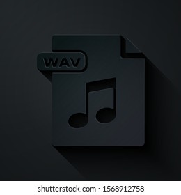 Paper cut WAV file document. Download wav button icon isolated on black background. WAV waveform audio file format for digital audio riff files. Paper art style. Vector Illustration