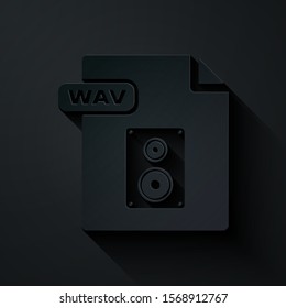 Paper cut WAV file document. Download wav button icon isolated on black background. WAV waveform audio file format for digital audio riff files. Paper art style. Vector Illustration