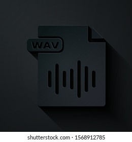 Paper cut WAV file document. Download wav button icon isolated on black background. WAV waveform audio file format for digital audio riff files. Paper art style. Vector Illustration