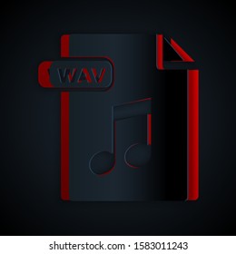 Paper cut WAV file document. Download wav button icon isolated on black background. WAV waveform audio file format for digital audio riff files. Paper art style. Vector Illustration