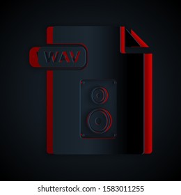 Paper cut WAV file document. Download wav button icon isolated on black background. WAV waveform audio file format for digital audio riff files. Paper art style. Vector Illustration