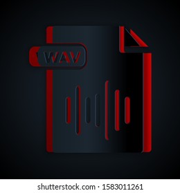 Paper cut WAV file document. Download wav button icon isolated on black background. WAV waveform audio file format for digital audio riff files. Paper art style. Vector Illustration