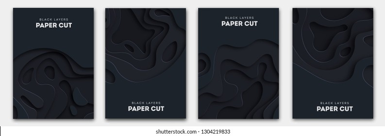 Paper Cut Wave Shapes. Layered curve Origami design for business presentations, flyers, posters. Set of 4 vertical banners. 3D abstract map carving.