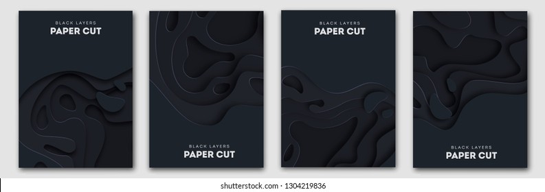 Paper Cut Wave Shapes. Layered curve Origami design for business presentations, flyers, posters. Set of 4 vertical banners. 3D abstract map carving.