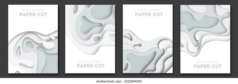 Formas de onda de corte de papel. Curva estratificada Diseño Origami para presentaciones de negocios, volantes, afiches. Conjunto de 4 banners verticales. Dibujo abstracto en 3D.