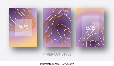 Paper Cut Wave Shapes. Layered curve Origami design for business presentations, flyers, posters. Set of 3 vertical banners. 3D abstract map carving. Text. Frame. Orange. purple. Vector