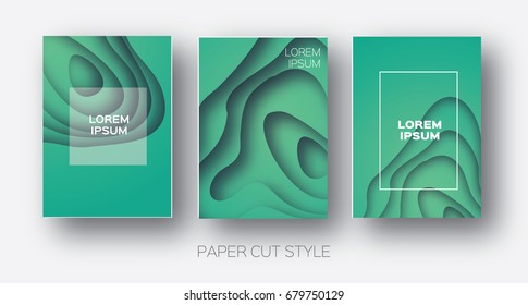 Paper Cut Wave Shapes. Layered curve Origami design for business presentations, flyers, posters. Set of 3 vertical banners. 3D abstract map carving. Text. Frame. Aquamarine Blue. Vector