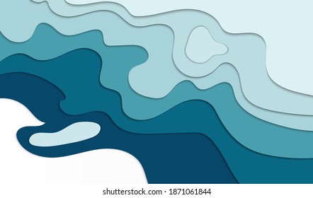 Paper cut waves blue background. Modern water landscape layout vector design.