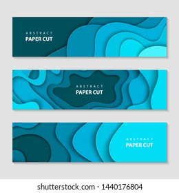 Paper cut waves shape abstract template, deep blue background. Horizontal banners, cover layout, social media design. 3D abstract paper art style. 