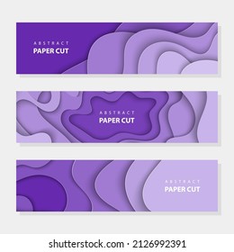 Paper cut waves shape abstract template, trendy deep violet background. Horizontal banners, cover layout, social media design. 3D abstract paper art style. 