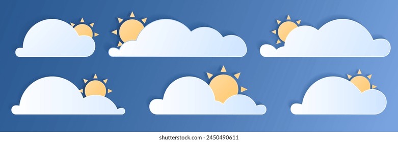 Paper cut weather element clouds and sun on blue sky background. Forecast white cloud icon symbol collection. 3D frame icon for posters and flyers, presentation, web, social media, design and banner.