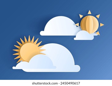 Paper cut weather element clouds and sun on blue sky background. Forecast white cloud icon symbol collection. 3D frame icon for posters and flyers, presentation, web, social media, design and banner.