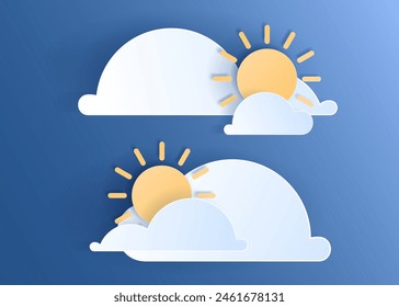 Papiergeschnittenes Wetter aus Wolken und Sonne auf blauem Himmel Hintergrund. Vorhersage-Weißwolken-Symbol-Kollektion. 3D Papercraft Frame Icon für Poster und Flyer, Präsentation, Web, Social Media, Design