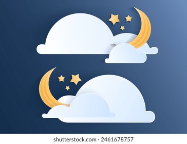 Paper cut weather element of clouds and moon on blue background. Forecast white cloud icon symbol collection. 3D Papercraft frame icon for posters and flyers, presentation, web, social media, desig
