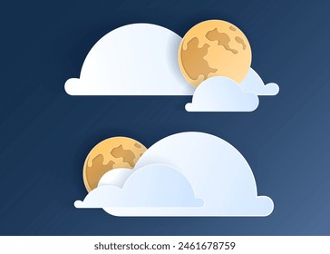 Paper cut weather element of clouds and moon on blue background. Forecast white cloud icon symbol collection. 3D Papercraft frame icon for posters and flyers, presentation, web, social media, desig
