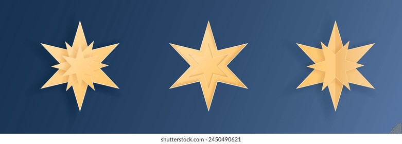 Paper cut weather element of stars on night blue sky background. Forecast white cloud icon symbol collection. 3D frame icon for posters and flyers, presentation, web, social media, design and banner.