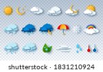 Paper cut weather icons set on transparent background. Vector illustration. White clouds, dew on leaves, fog sign, day and night for forecast design. Sun and thunderstorm stickers.
